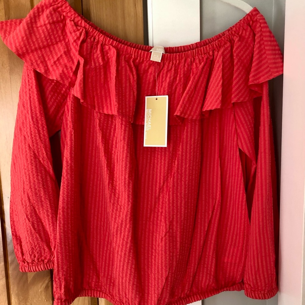 NWT Michael Kors off shoulder seersucker blouse in sangria